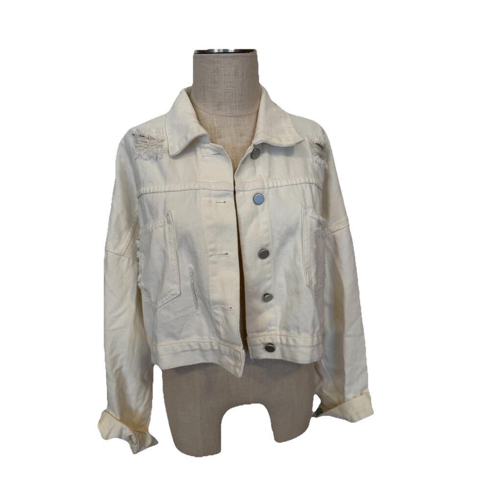 Blue B Collection Women’s Distressed Fringe Denim Jacket M/L Off-White Western